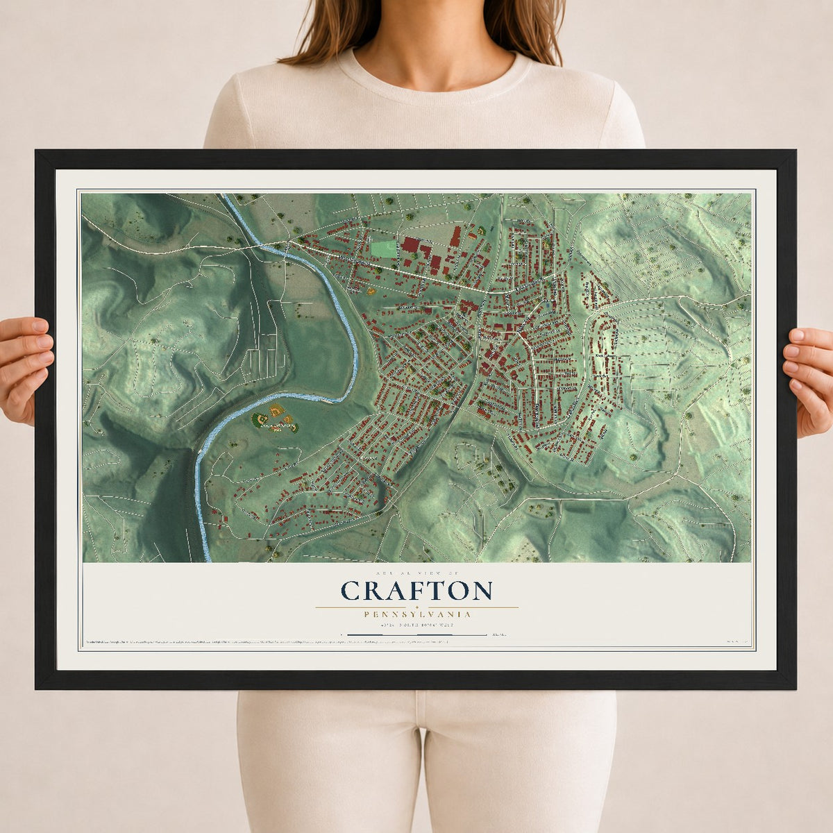 Map of Crafton, Pennsylvania, 18 x 24 inch print in a black wood frame