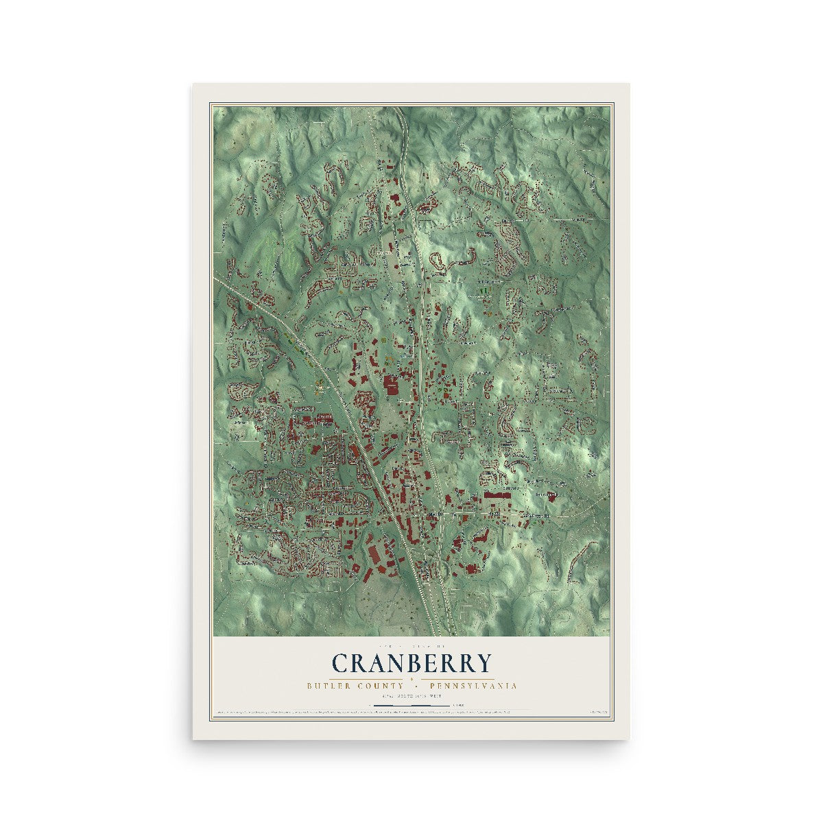 Map of Cranberry, Butler County, Pennsylvania, 12 x 18 inch unframed archival matte print