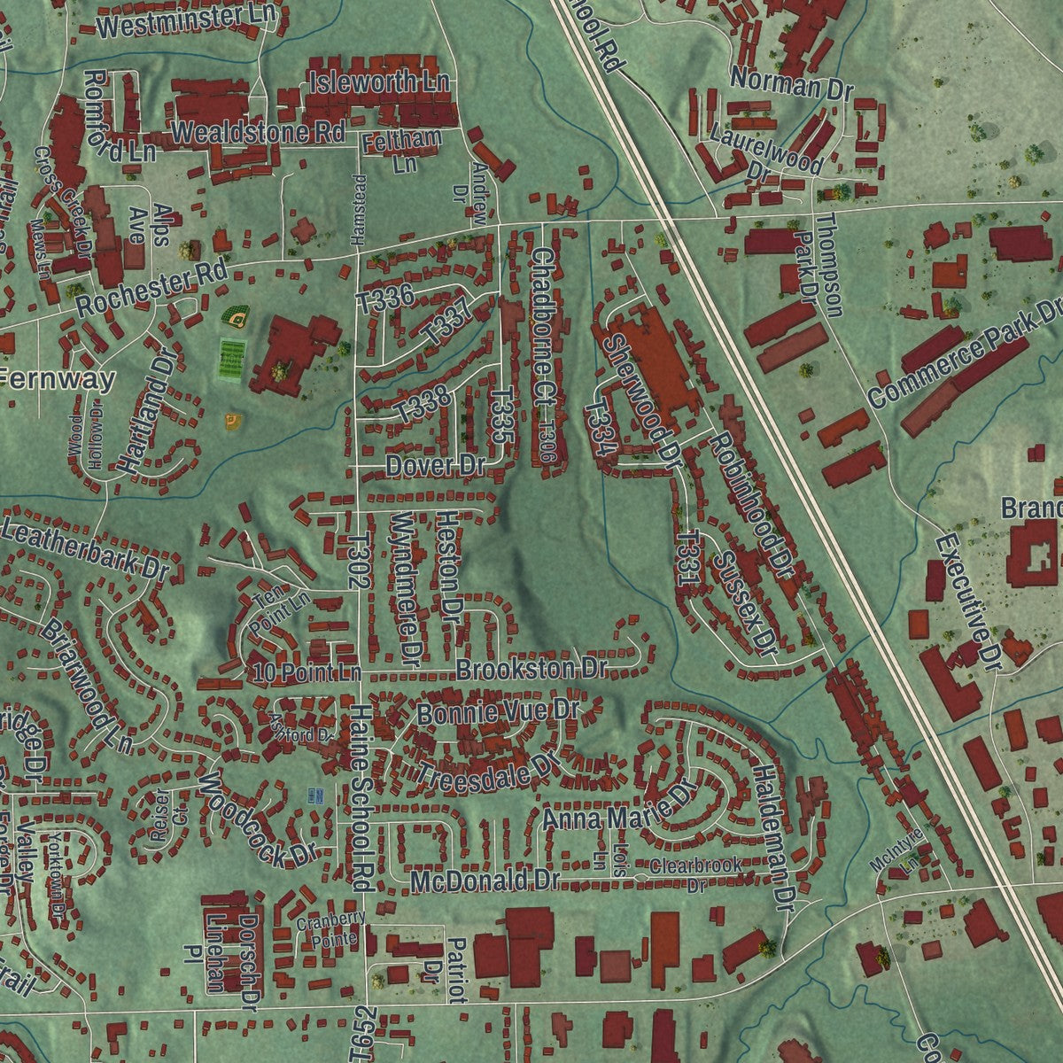 Close-up of the map of Cranberry, Butler County, Pennsylvania print showing street and building detail