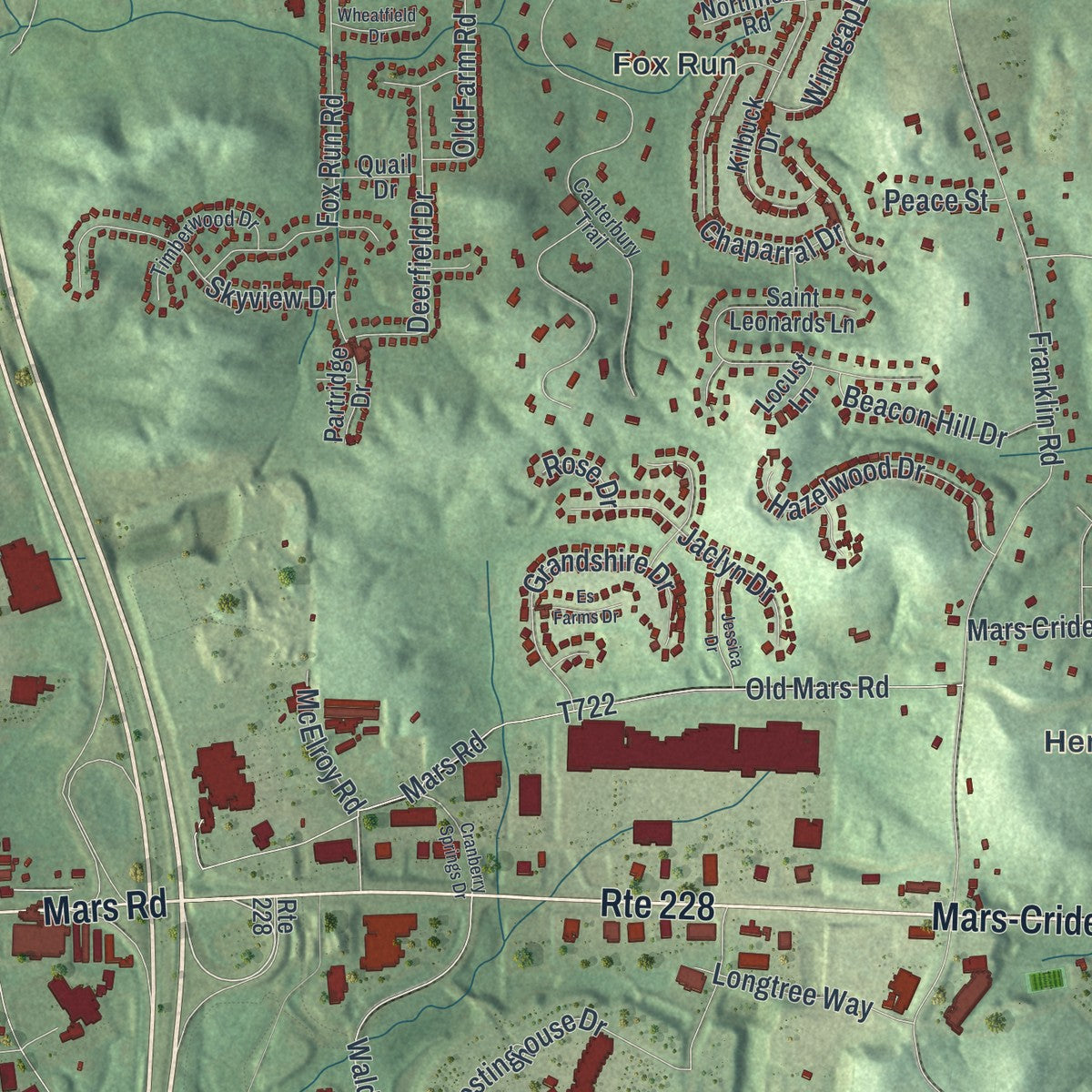 Second close-up of the map of Cranberry, Butler County, Pennsylvania print showing more streets and buildings