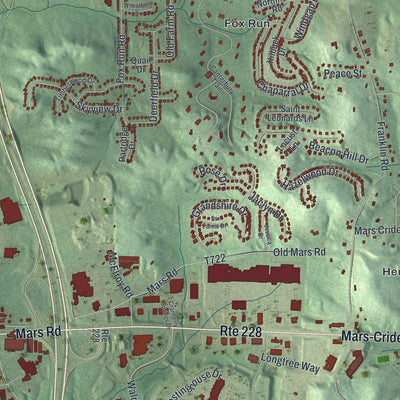 Second close-up of the map of Cranberry, Butler County, Pennsylvania print showing more streets and buildings