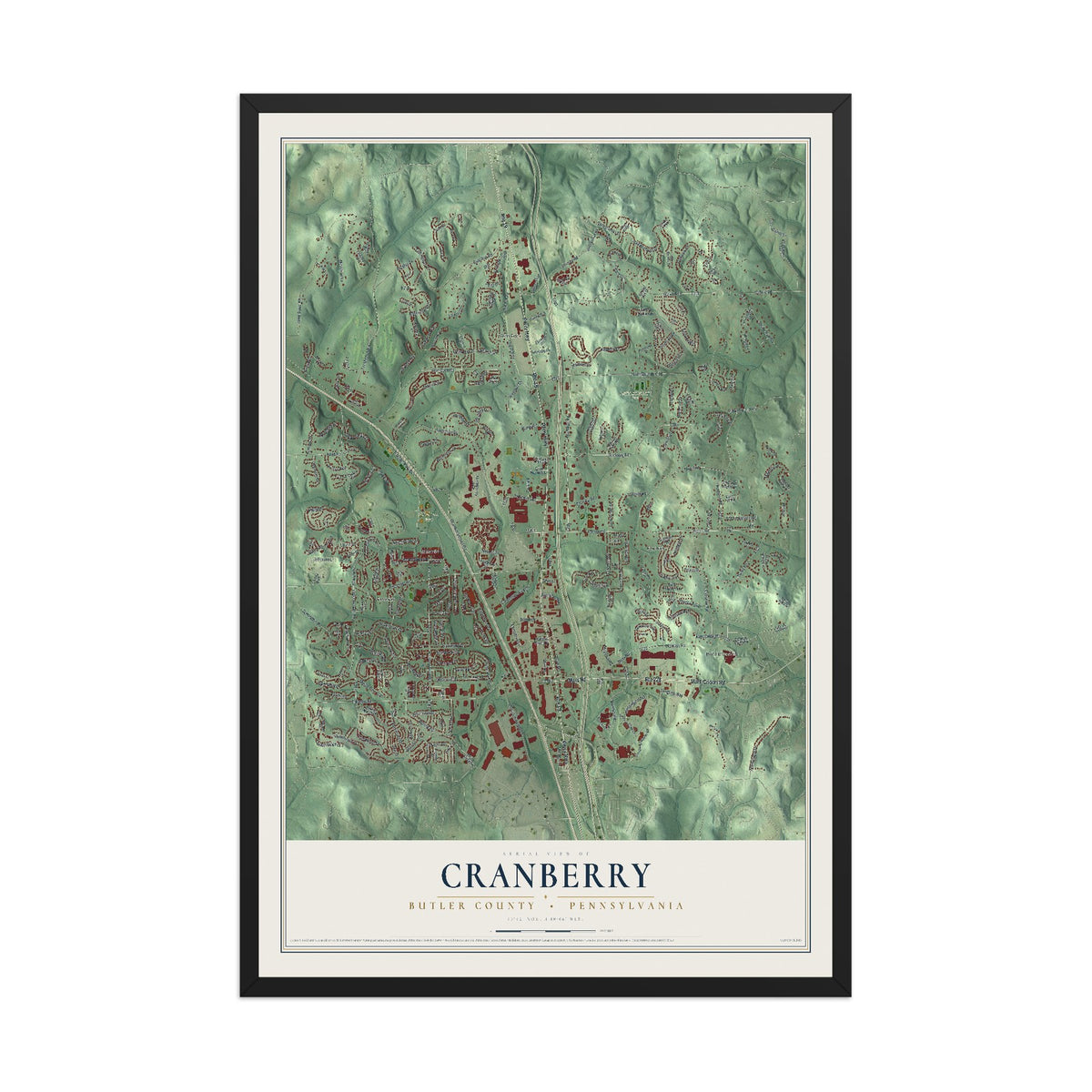 Map of Cranberry, Butler County, Pennsylvania, 12 x 18 inch print in a black wood frame