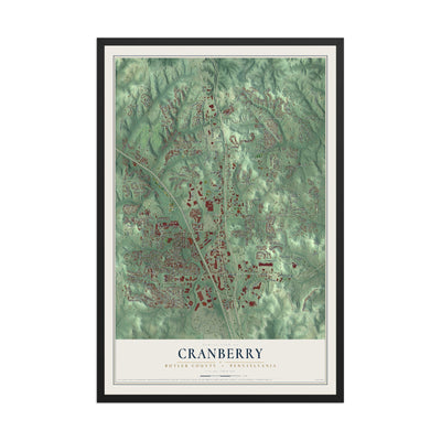 Map of Cranberry, Butler County, Pennsylvania, 12 x 18 inch print in a black wood frame