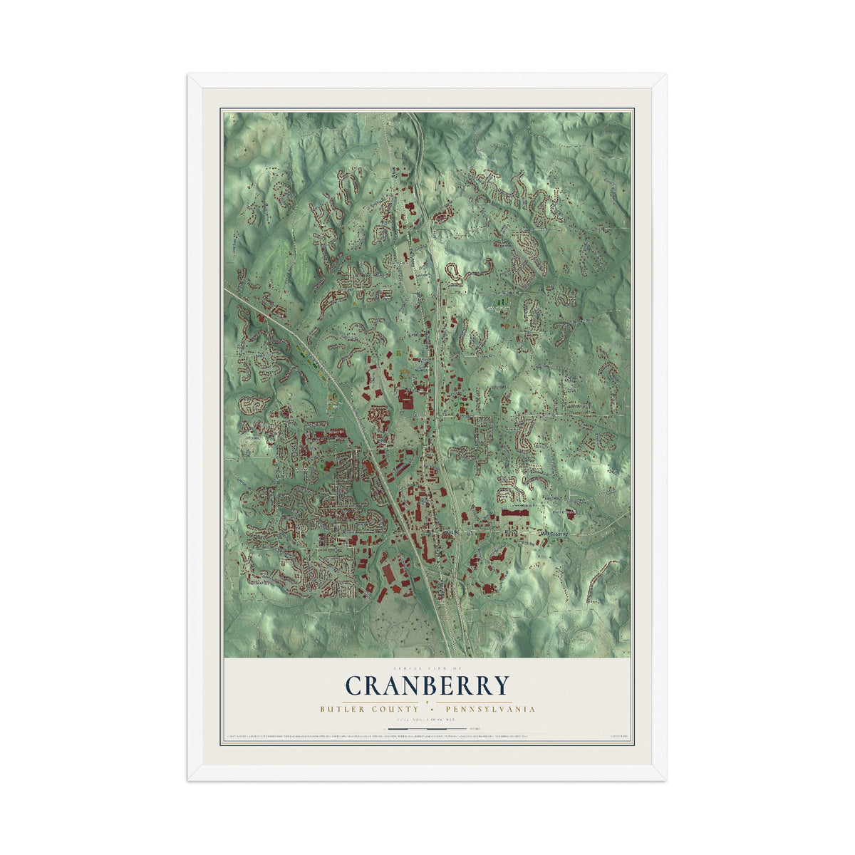 Map of Cranberry, Butler County, Pennsylvania, 12 x 18 inch print in a white wood frame