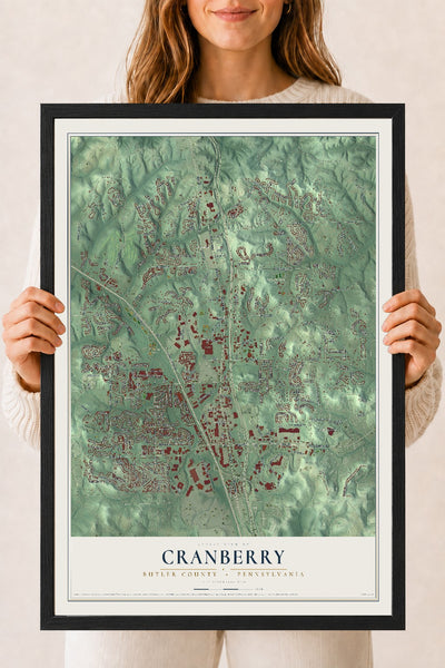 Map of Cranberry, Butler County, Pennsylvania, 18 x 24 inch print in a black wood frame