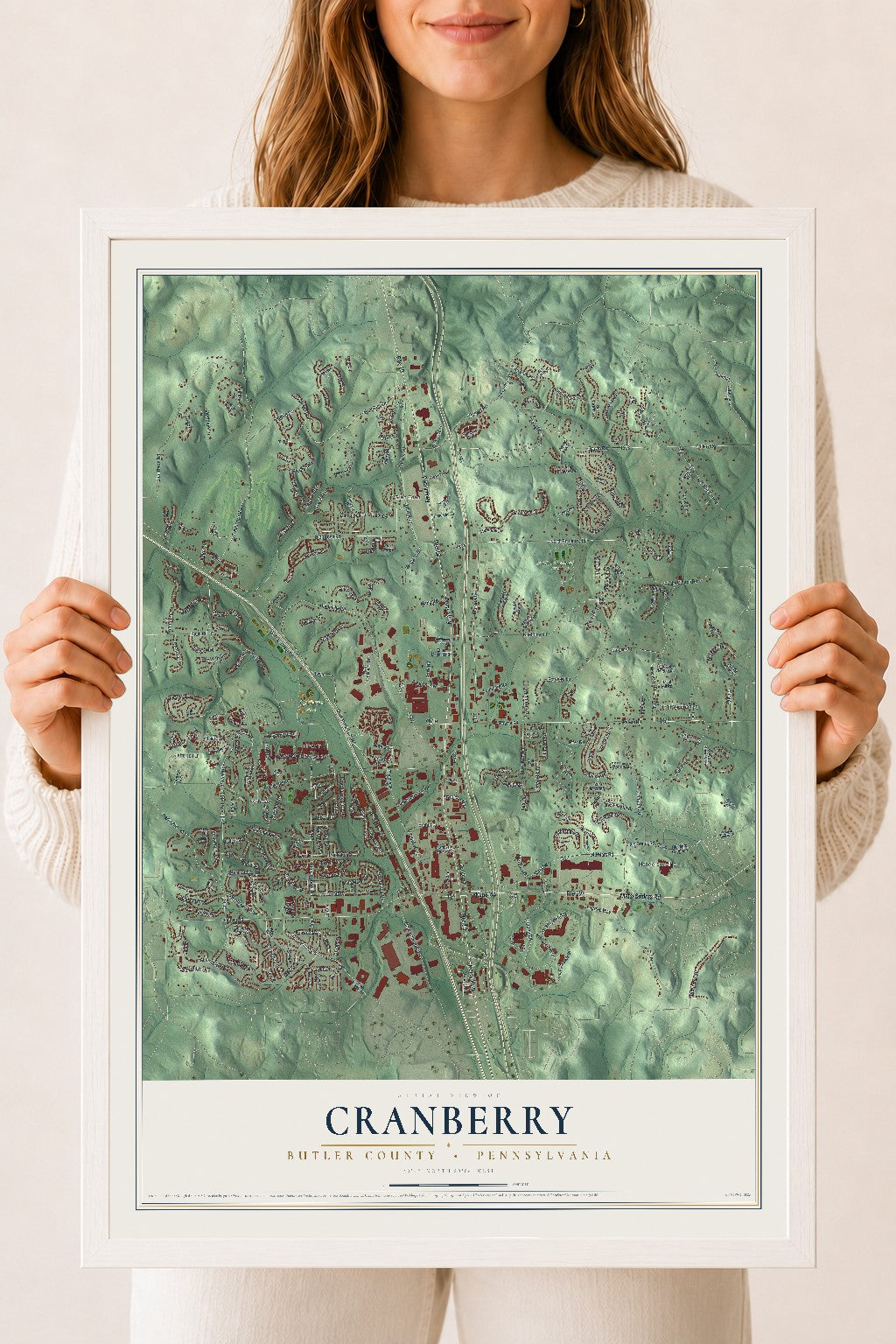 Map of Cranberry, Butler County, Pennsylvania, 18 x 24 inch print in a white wood frame