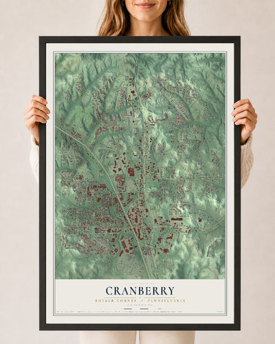 Map of Cranberry, Butler County, Pennsylvania, 24 x 36 inch print in a black wood frame