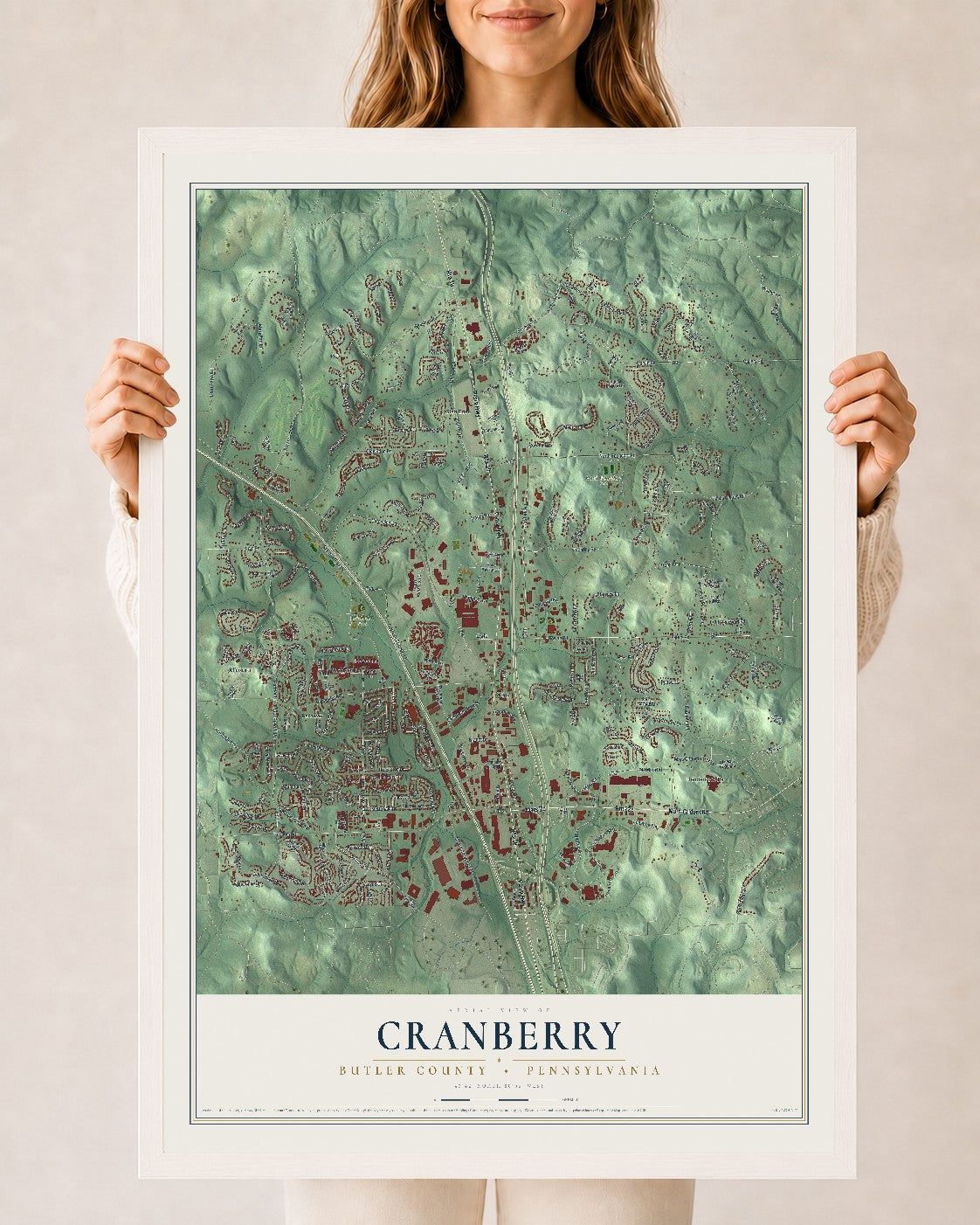 Map of Cranberry, Butler County, Pennsylvania, 24 x 36 inch print in a white wood frame