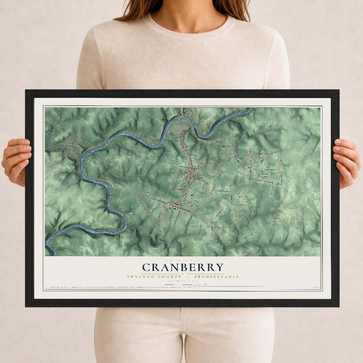 Map of Cranberry, Venango County, Pennsylvania, 12 x 18 inch print in a black wood frame