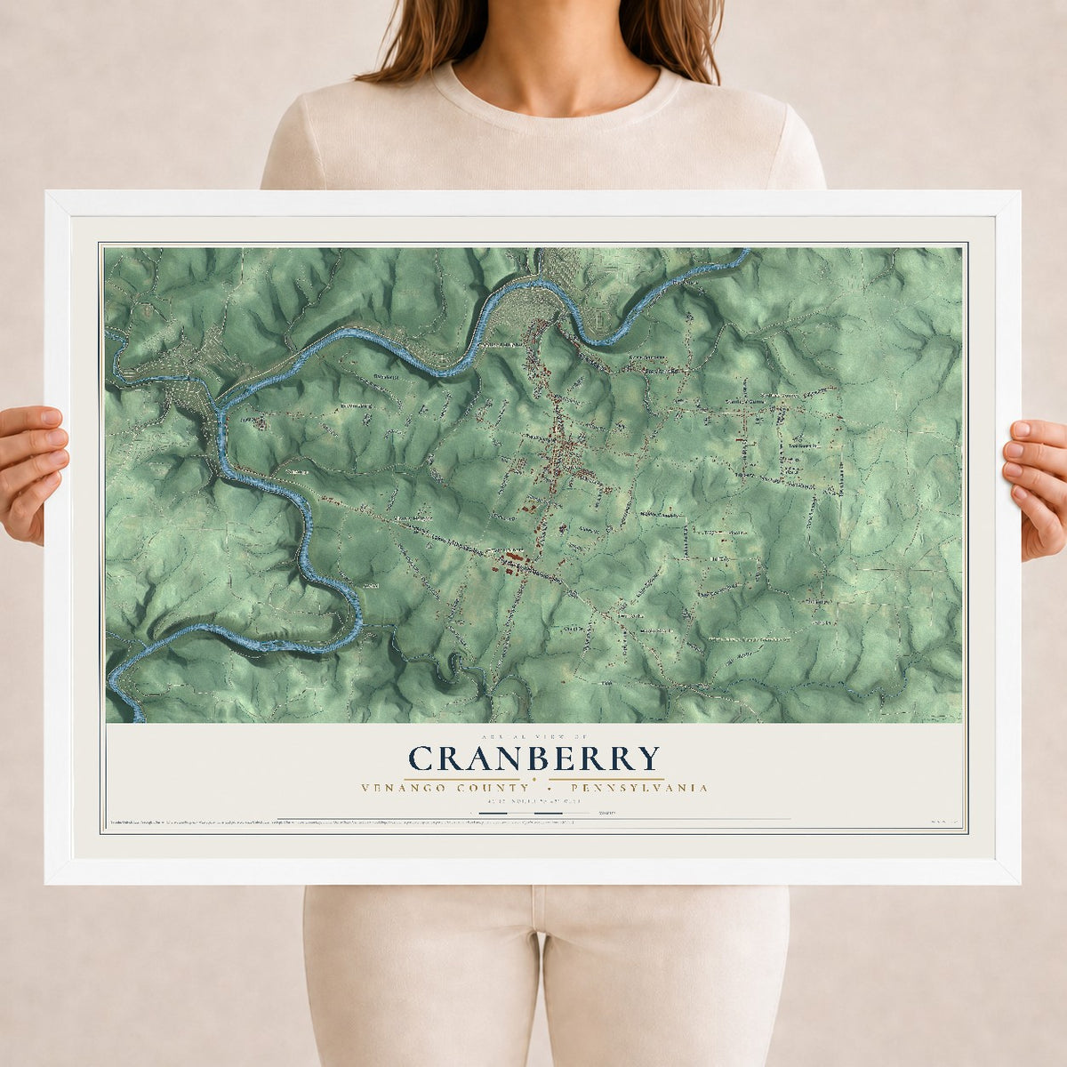 Map of Cranberry, Venango County, Pennsylvania, 18 x 24 inch print in a white wood frame