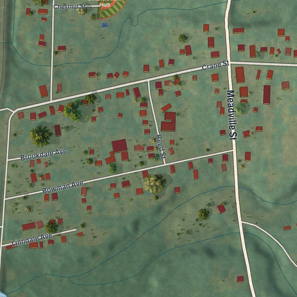 Close-up of the map of Cranesville, Pennsylvania print showing street and building detail