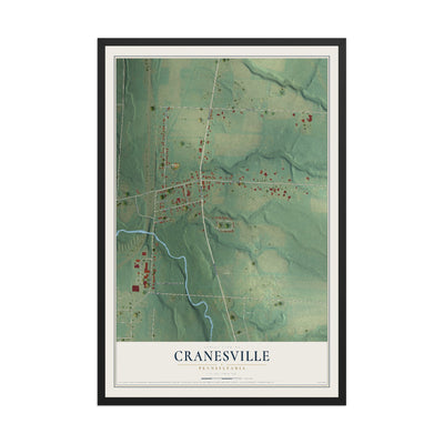 Map of Cranesville, Pennsylvania, 12 x 18 inch print in a black wood frame