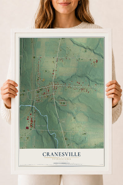 Map of Cranesville, Pennsylvania, 18 x 24 inch print in a white wood frame