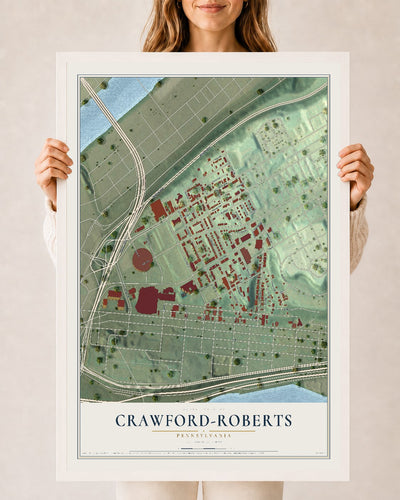 Map of Crawford-Roberts, Pennsylvania, 24 x 36 inch print in a white wood frame