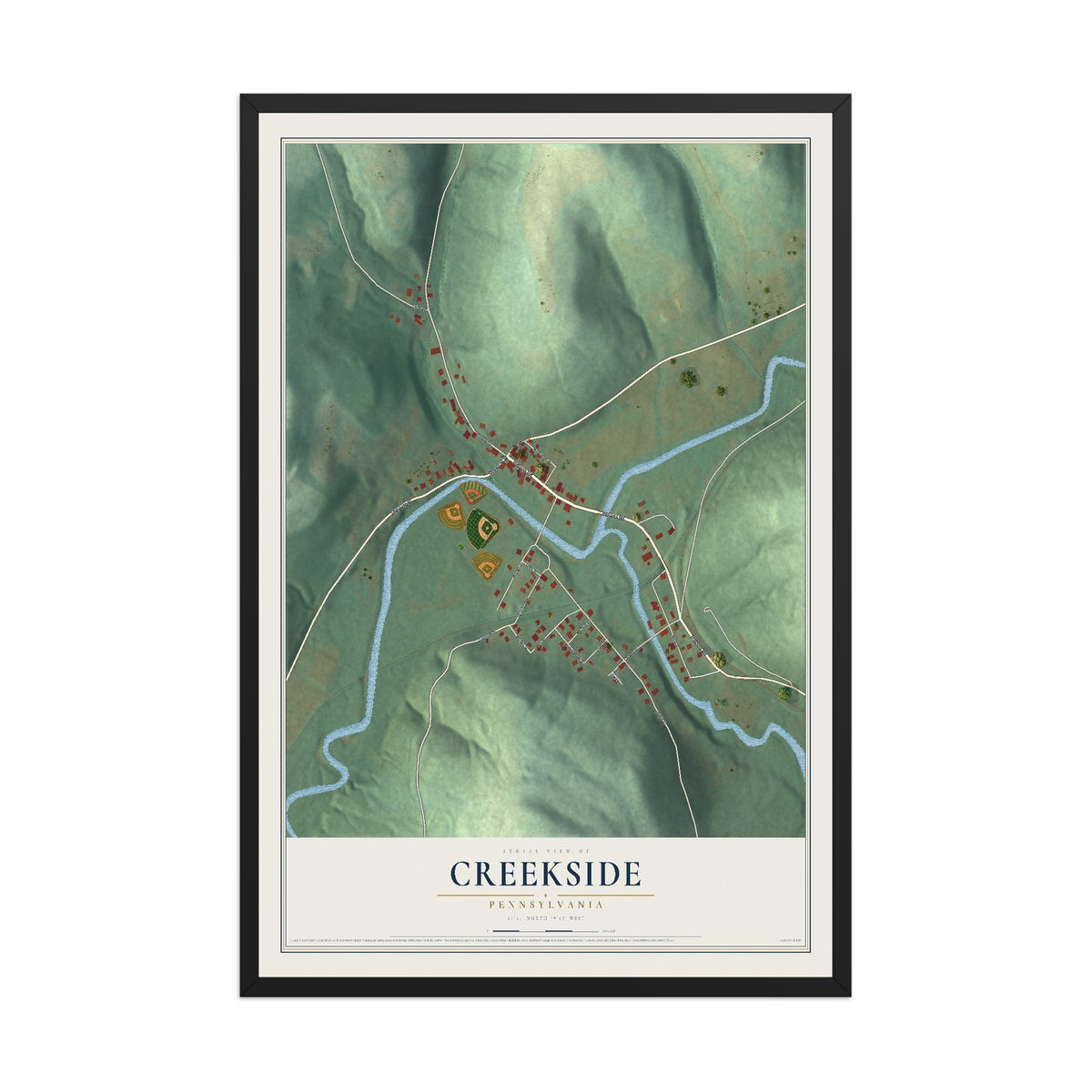 Map of Creekside, Pennsylvania, 12 x 18 inch print in a black wood frame