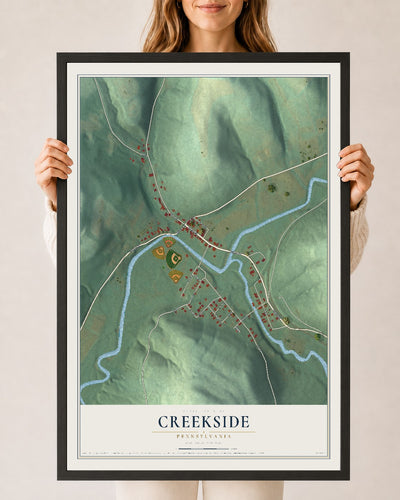 Map of Creekside, Pennsylvania, 24 x 36 inch print in a black wood frame