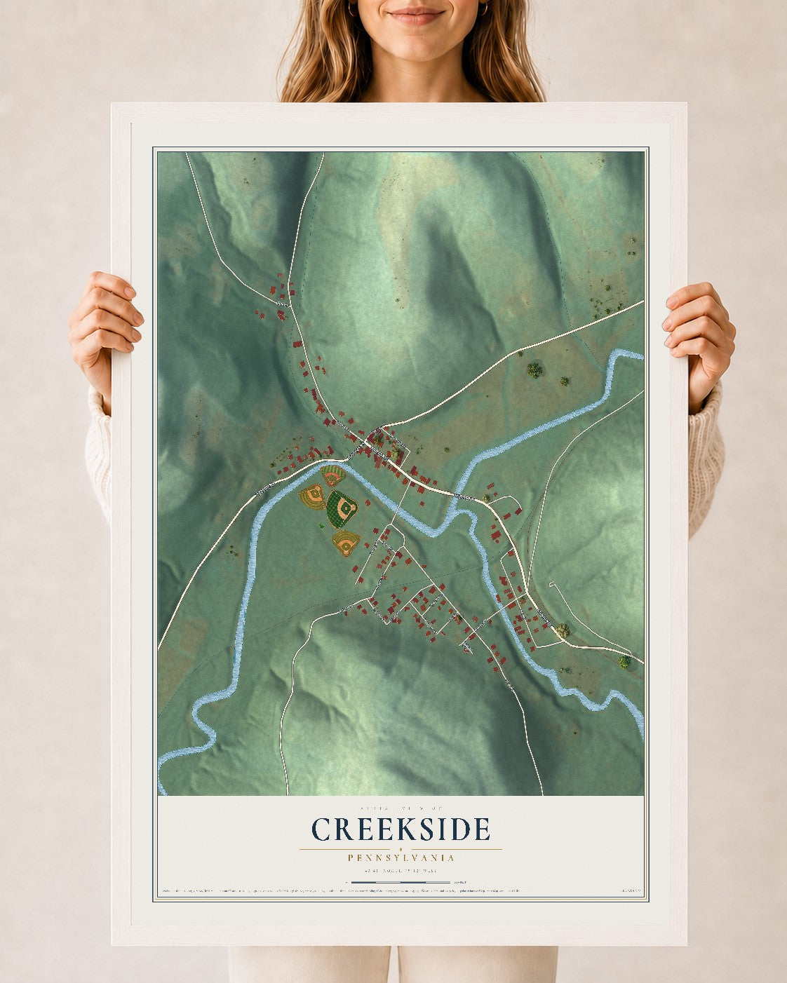 Map of Creekside, Pennsylvania, 24 x 36 inch print in a white wood frame