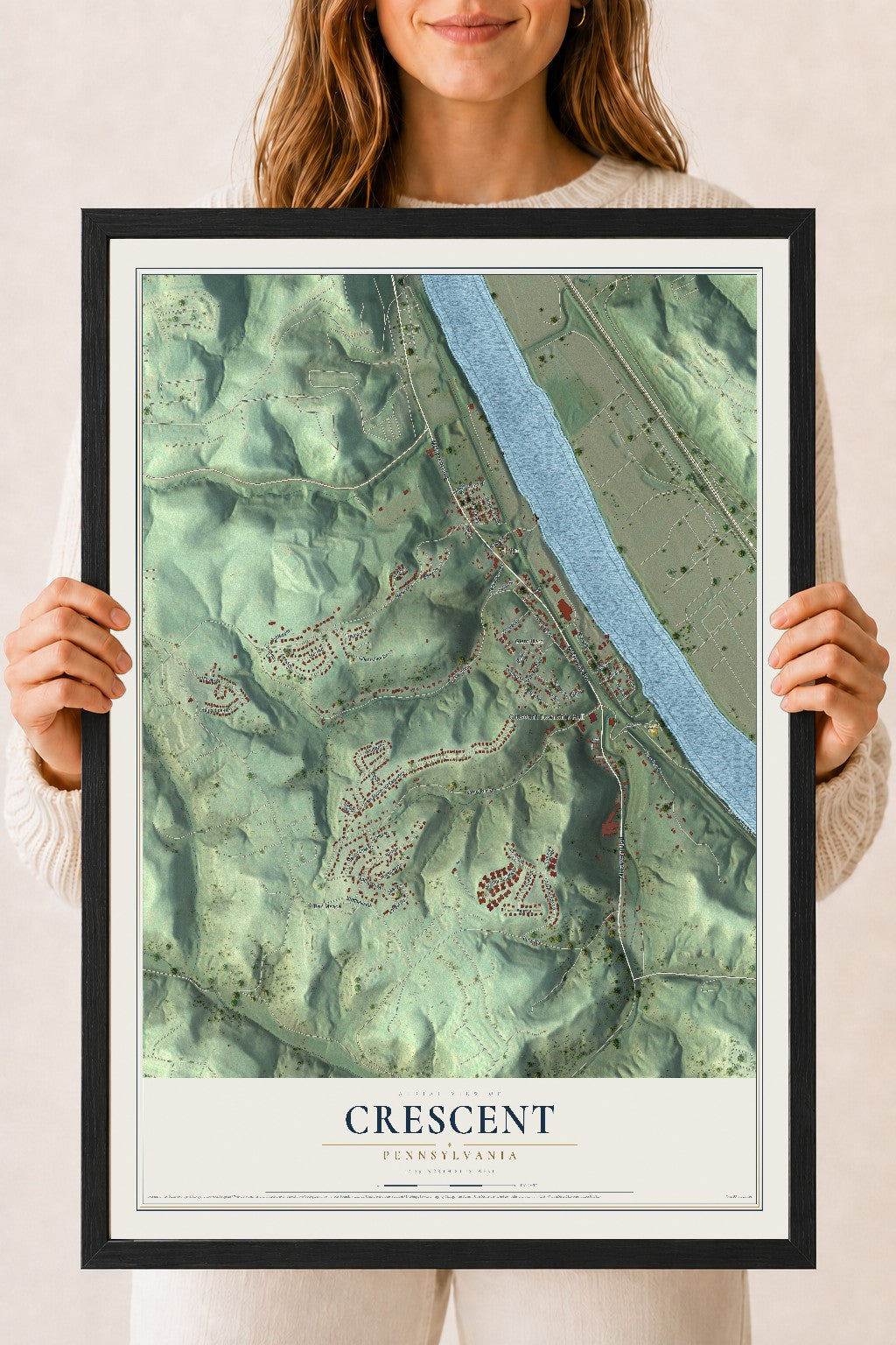 Map of Crescent, Pennsylvania, 18 x 24 inch print in a black wood frame