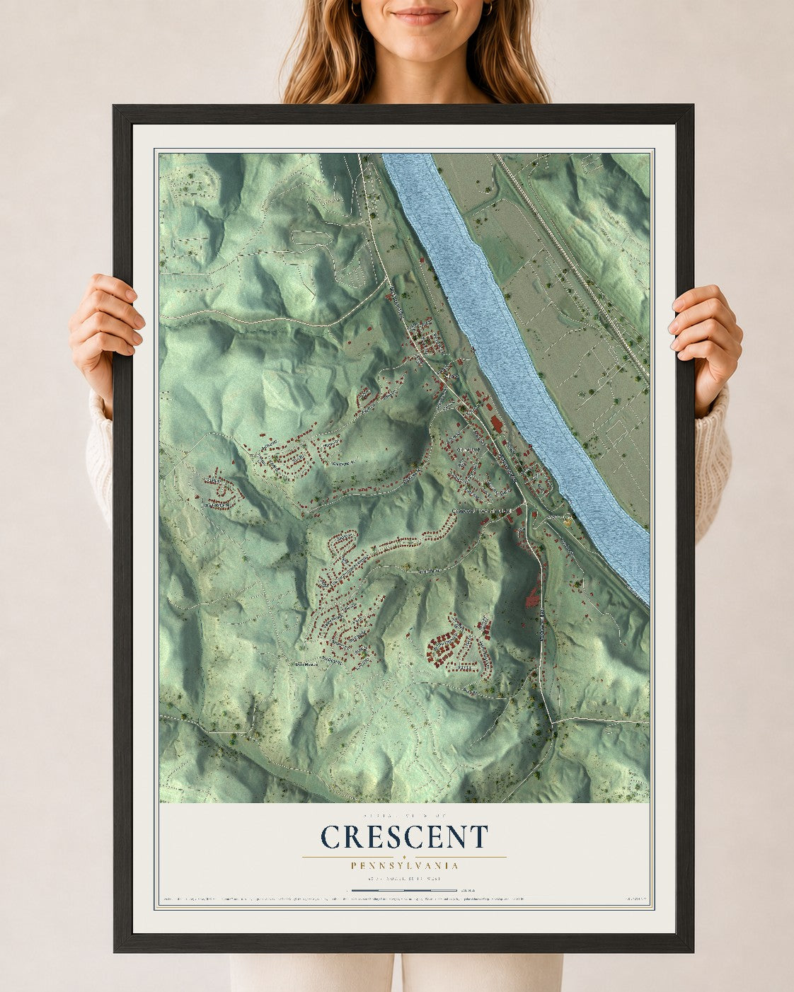 Map of Crescent, Pennsylvania, 24 x 36 inch print in a black wood frame
