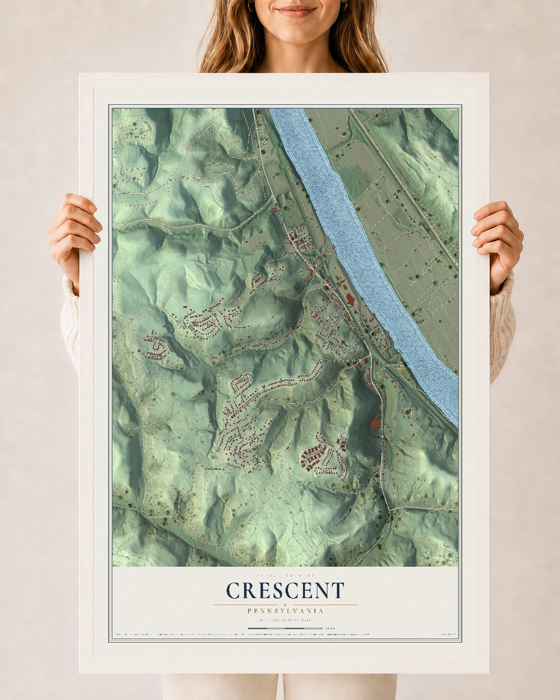 Map of Crescent, Pennsylvania, 24 x 36 inch print in a white wood frame