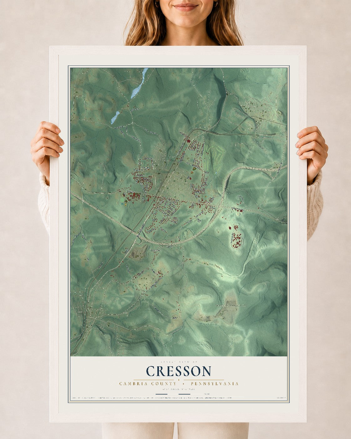 Map of Cresson, Cambria County, Pennsylvania, 24 x 36 inch print in a white wood frame