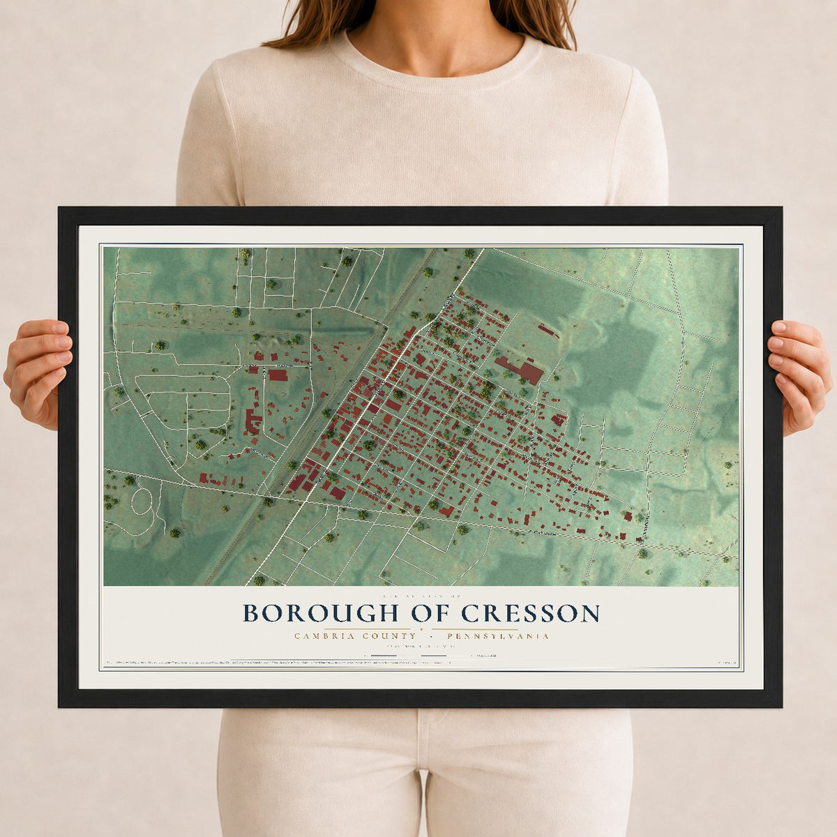 Map of the Borough of Cresson, Cambria County, Pennsylvania, 12 x 18 inch print in a black wood frame
