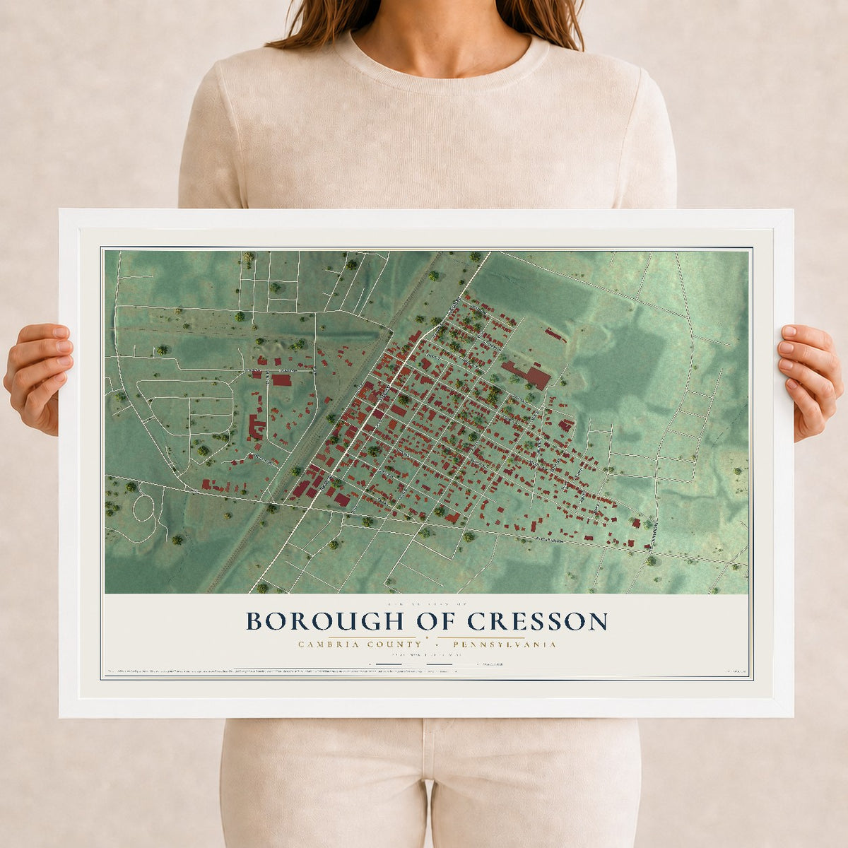 Map of the Borough of Cresson, Cambria County, Pennsylvania, 12 x 18 inch print in a white wood frame