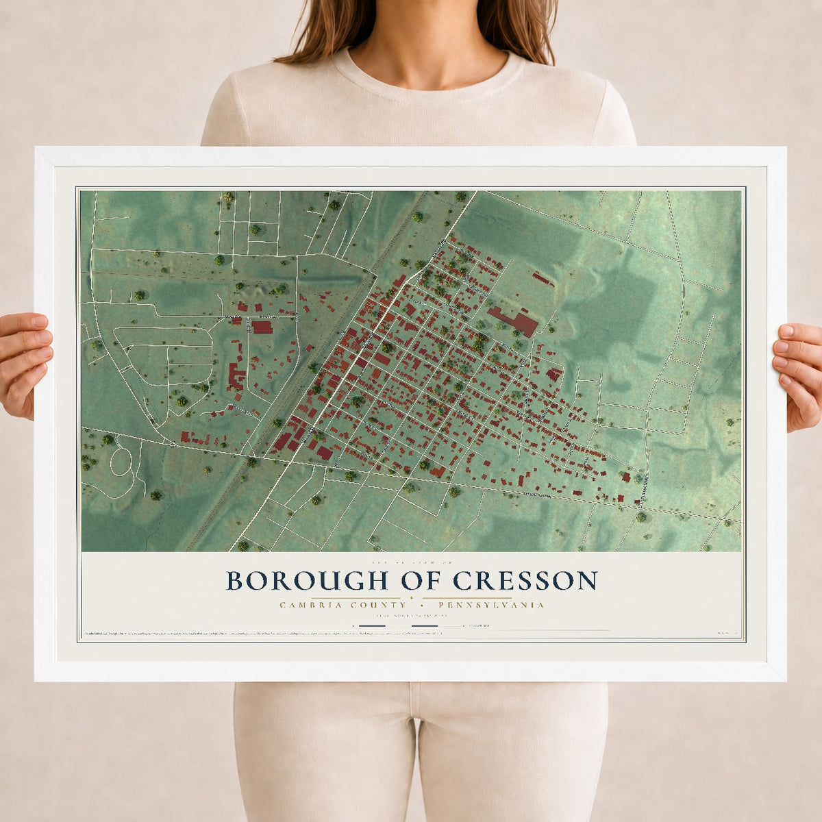 Map of the Borough of Cresson, Cambria County, Pennsylvania, 18 x 24 inch print in a white wood frame