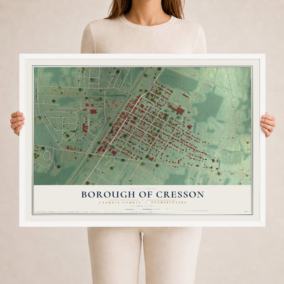 Map of the Borough of Cresson, Cambria County, Pennsylvania, 24 x 36 inch print in a white wood frame