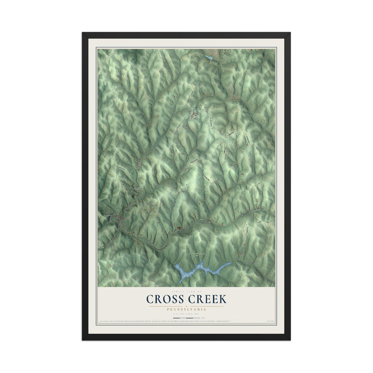Map of Cross Creek, Pennsylvania, 12 x 18 inch print in a black wood frame