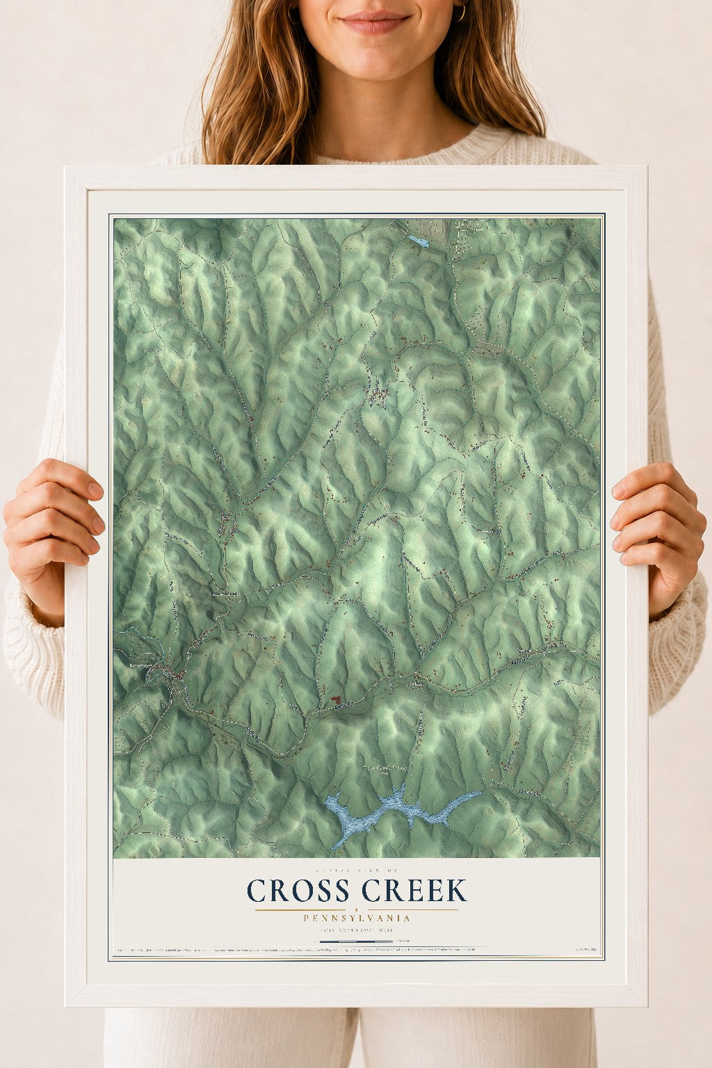 Map of Cross Creek, Pennsylvania, 18 x 24 inch print in a white wood frame
