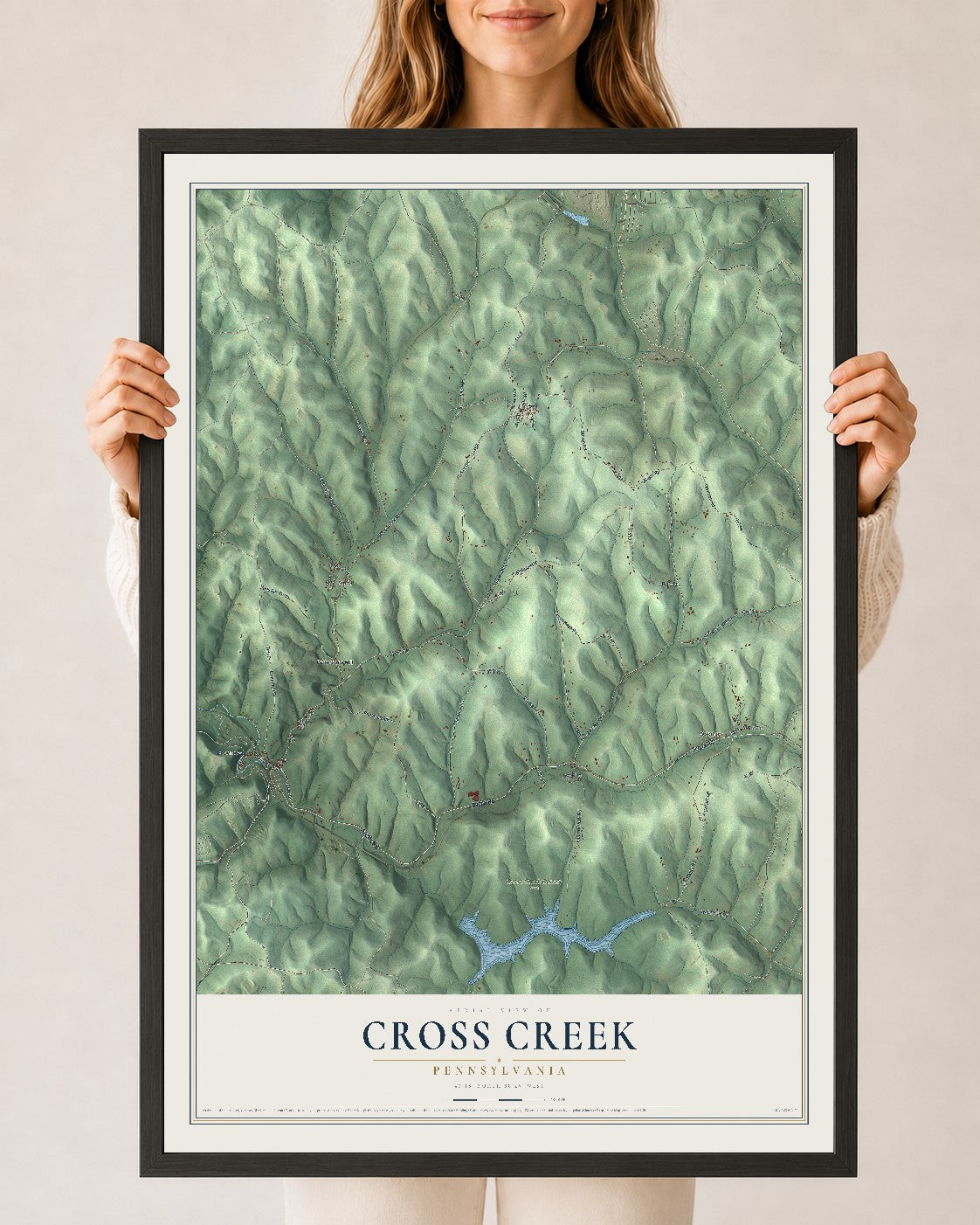 Map of Cross Creek, Pennsylvania, 24 x 36 inch print in a black wood frame