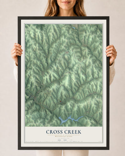 Map of Cross Creek, Pennsylvania, 24 x 36 inch print in a black wood frame