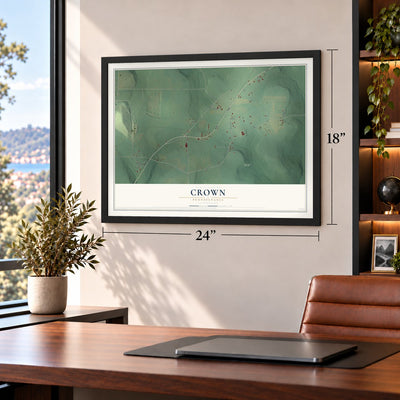 Crown, Pennsylvania map, 18 x 24 inch print in a black frame in a home office