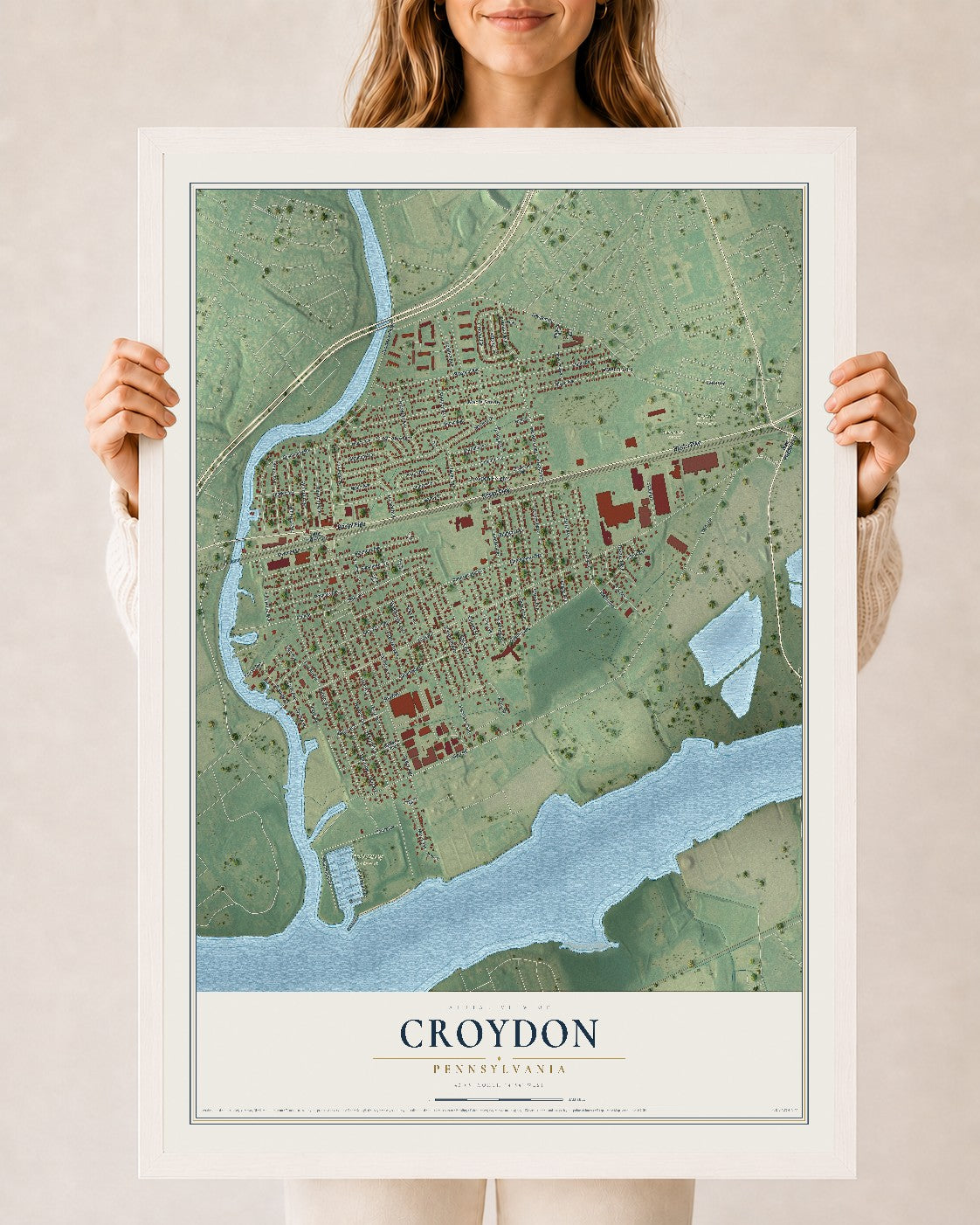 Map of Croydon, Pennsylvania, 24 x 36 inch print in a white wood frame