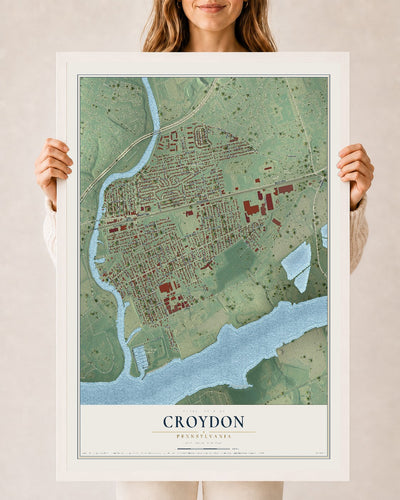 Map of Croydon, Pennsylvania, 24 x 36 inch print in a white wood frame