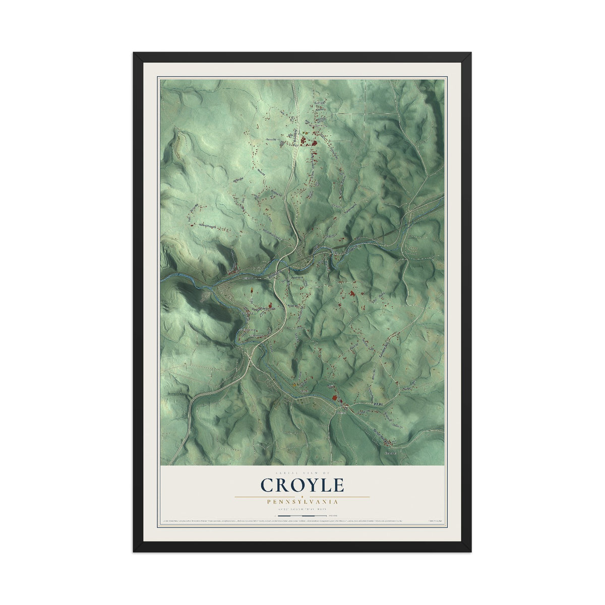 Map of Croyle, Pennsylvania, 12 x 18 inch print in a black wood frame
