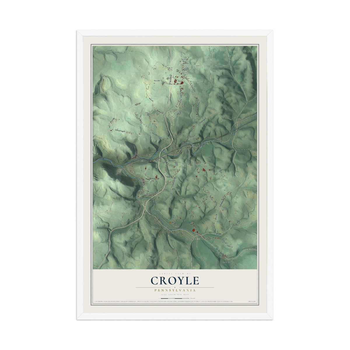 Map of Croyle, Pennsylvania, 12 x 18 inch print in a white wood frame