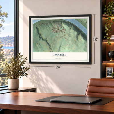 Crucible, Pennsylvania map, 18 x 24 inch print in a black frame in a home office