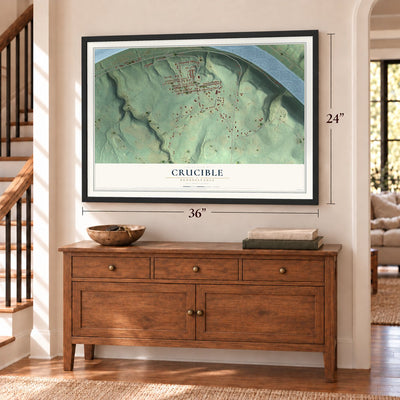 Crucible, Pennsylvania map, 24 x 36 inch print in a black frame above a dresser by a staircase