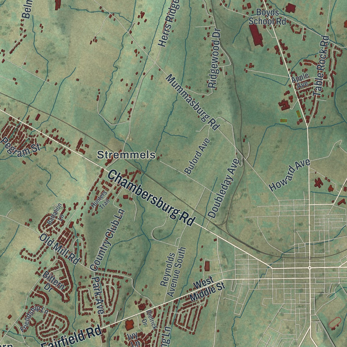 Close-up of the map of Cumberland, Adams County, Pennsylvania print showing street and building detail