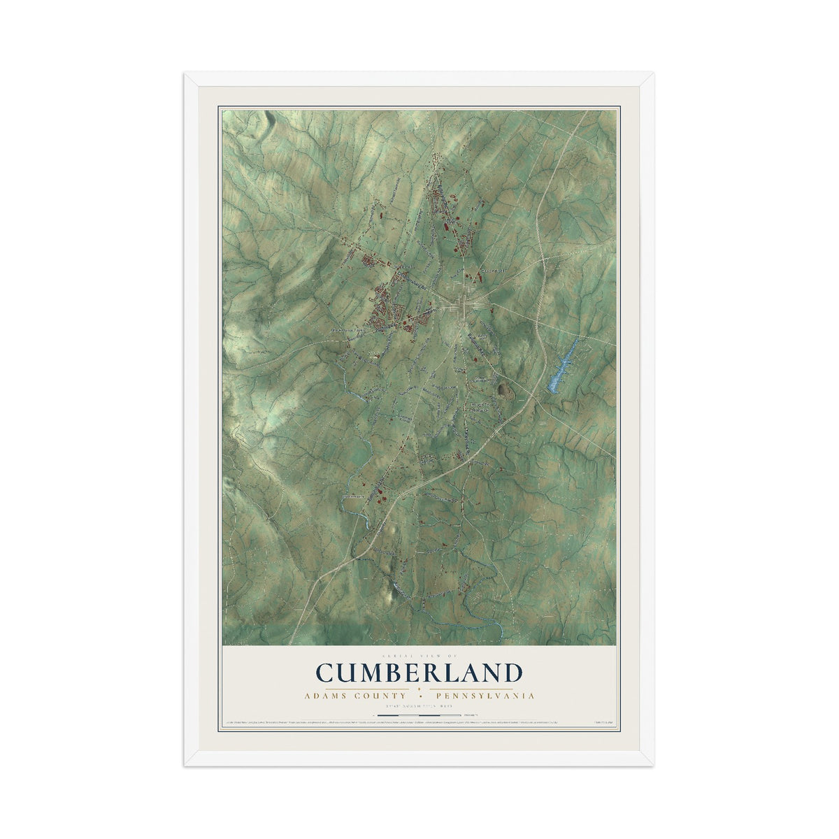 Map of Cumberland, Adams County, Pennsylvania, 12 x 18 inch print in a white wood frame