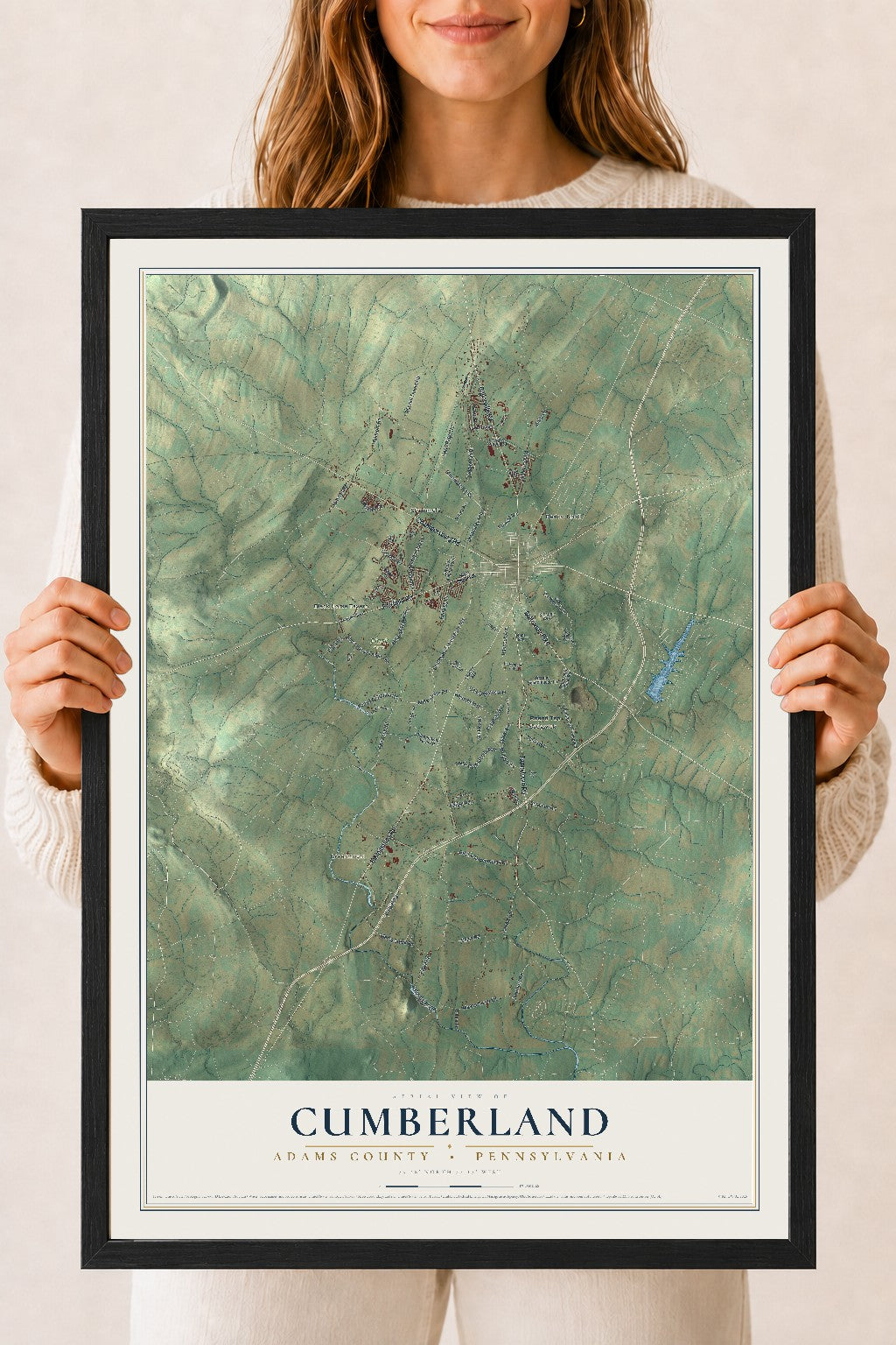 Map of Cumberland, Adams County, Pennsylvania, 18 x 24 inch print in a black wood frame