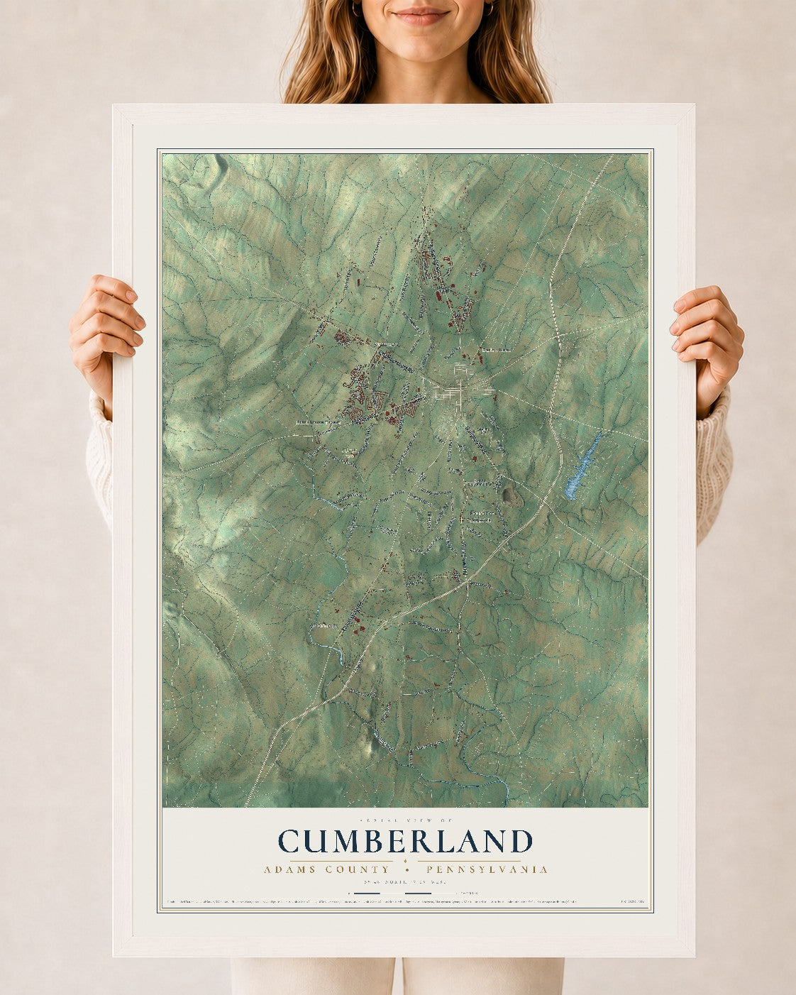 Map of Cumberland, Adams County, Pennsylvania, 24 x 36 inch print in a white wood frame