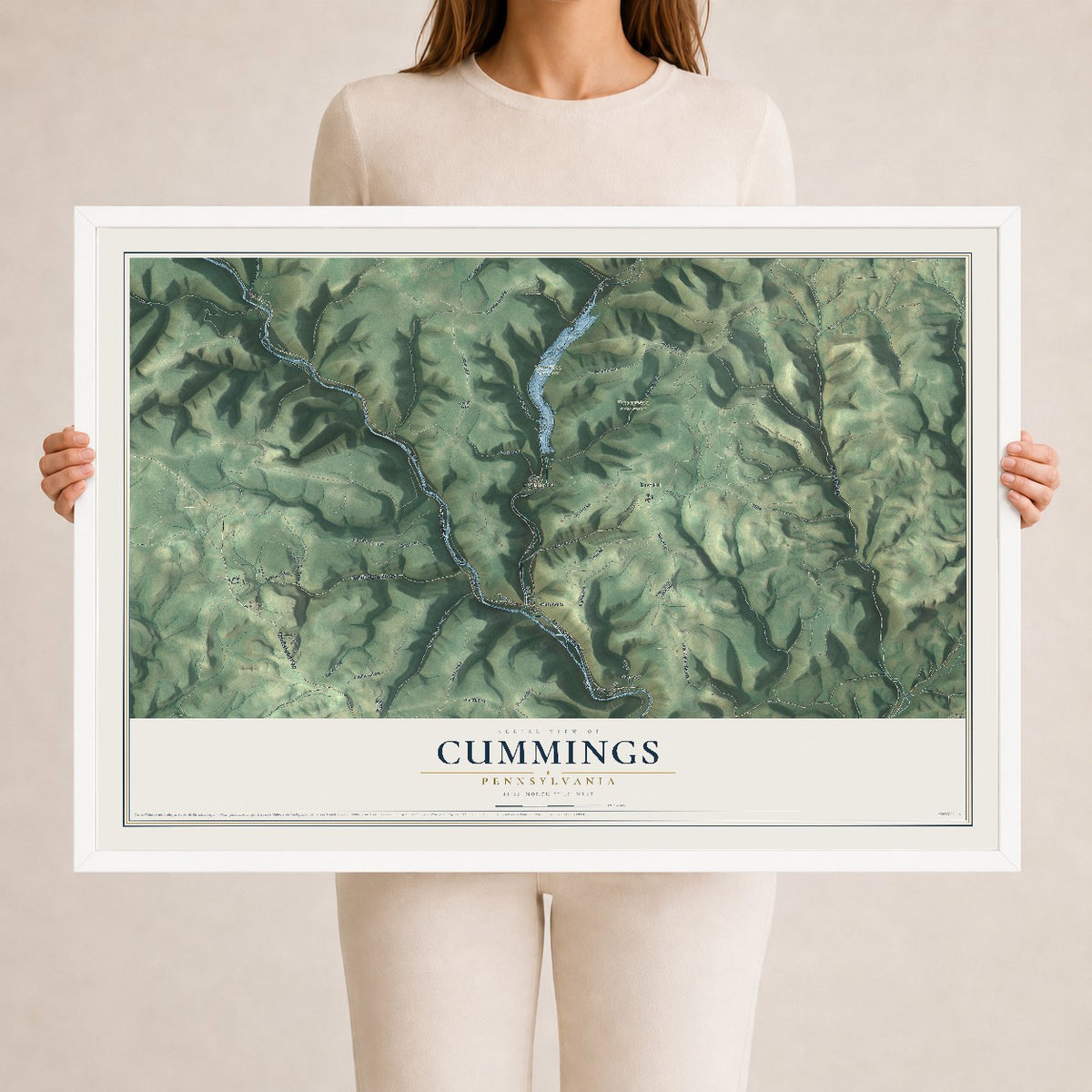 Map of Cummings, Pennsylvania, 24 x 36 inch print in a white wood frame