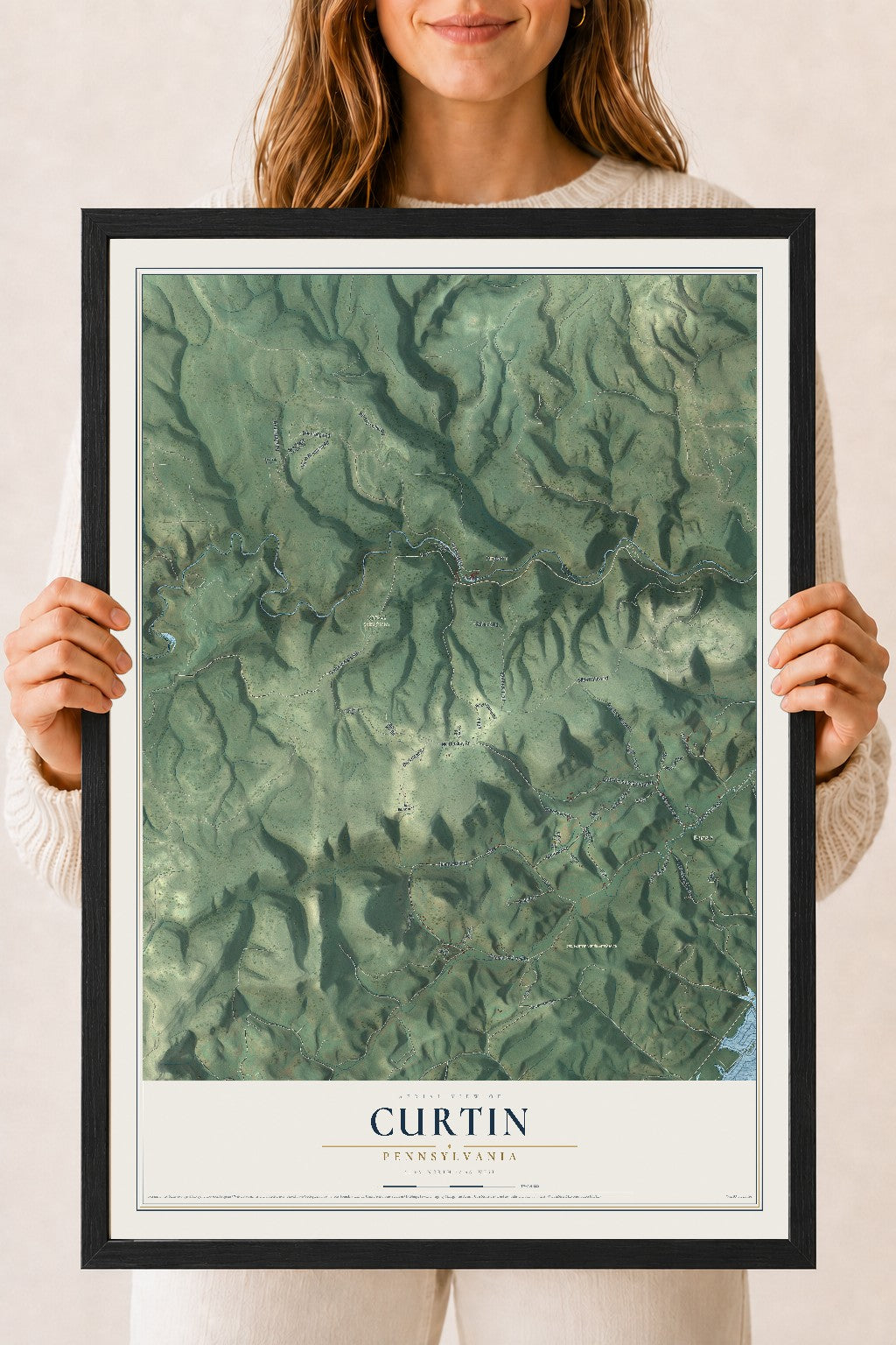 Map of Curtin, Pennsylvania, 18 x 24 inch print in a black wood frame