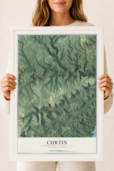 Map of Curtin, Pennsylvania, 18 x 24 inch print in a white wood frame