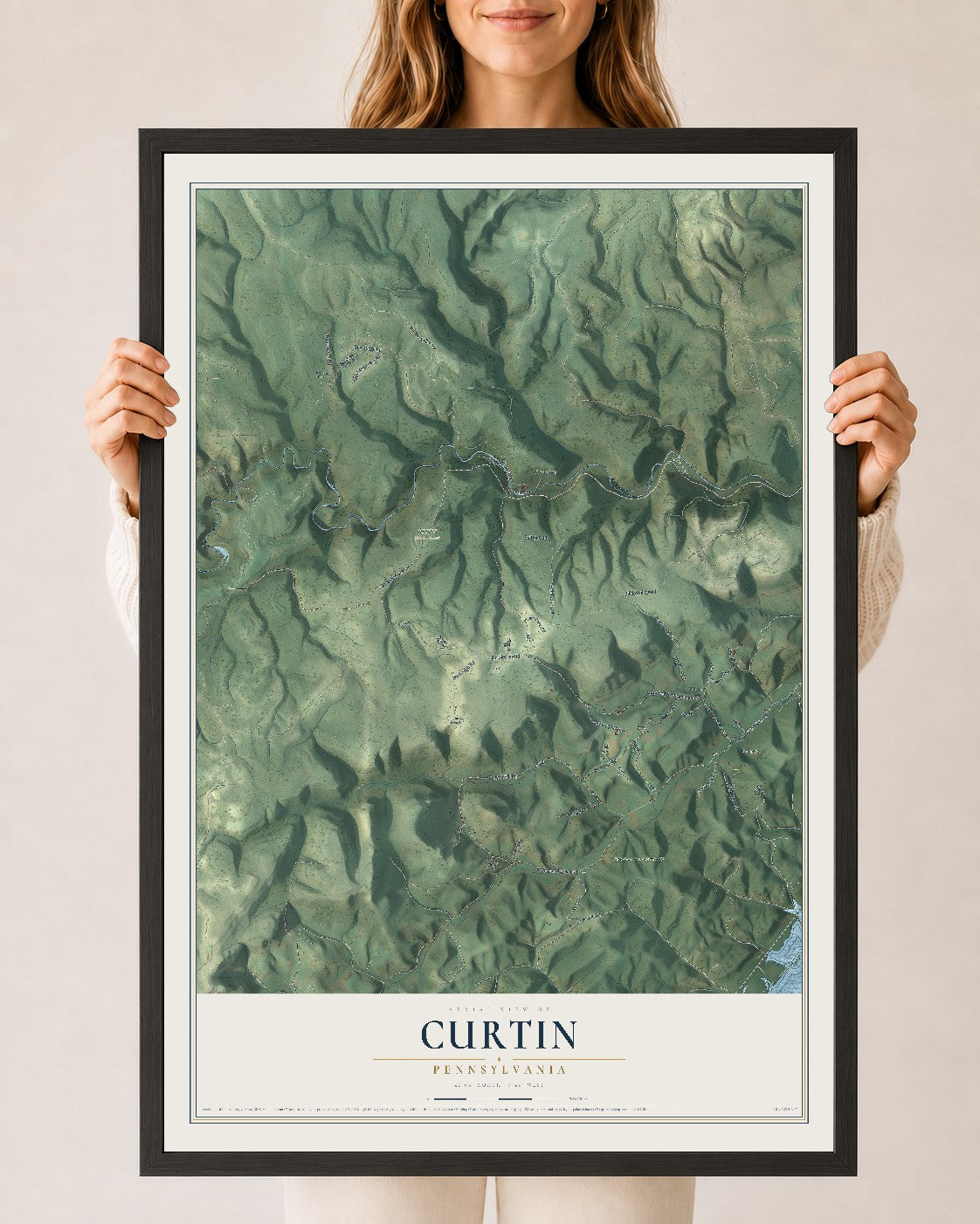 Map of Curtin, Pennsylvania, 24 x 36 inch print in a black wood frame