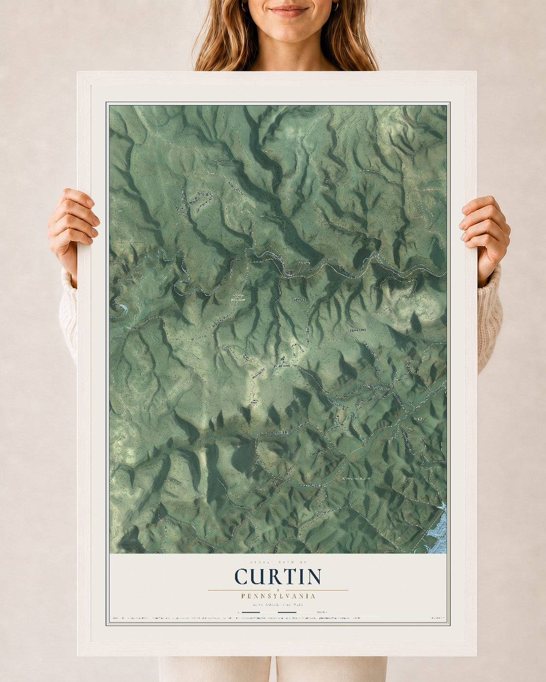 Map of Curtin, Pennsylvania, 24 x 36 inch print in a white wood frame