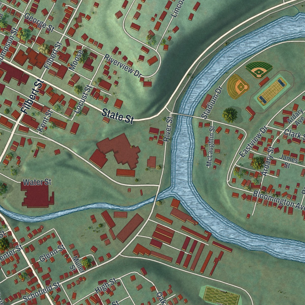 Close-up of the map of Curwensville, Pennsylvania print showing street and building detail